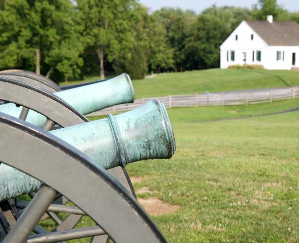 A distant photograph of Dunker Church at Antietam